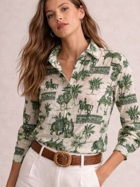 J. McLaughlin Lois Blouse Green Toile Elephant Scenic Print Button Down Cotton M